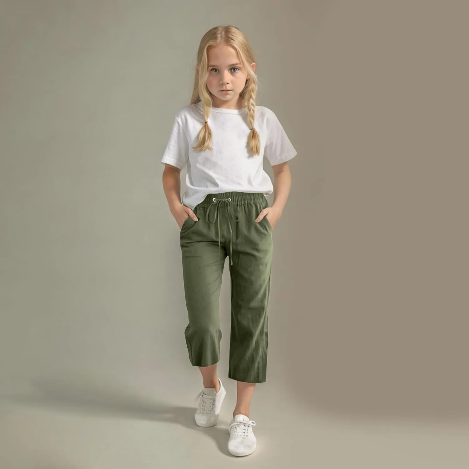Linen Capri Pants for Girls Lightweight Casual Summer Elastic Waist Loose Straight Leg Trousers with Pockets for 4-14 Years