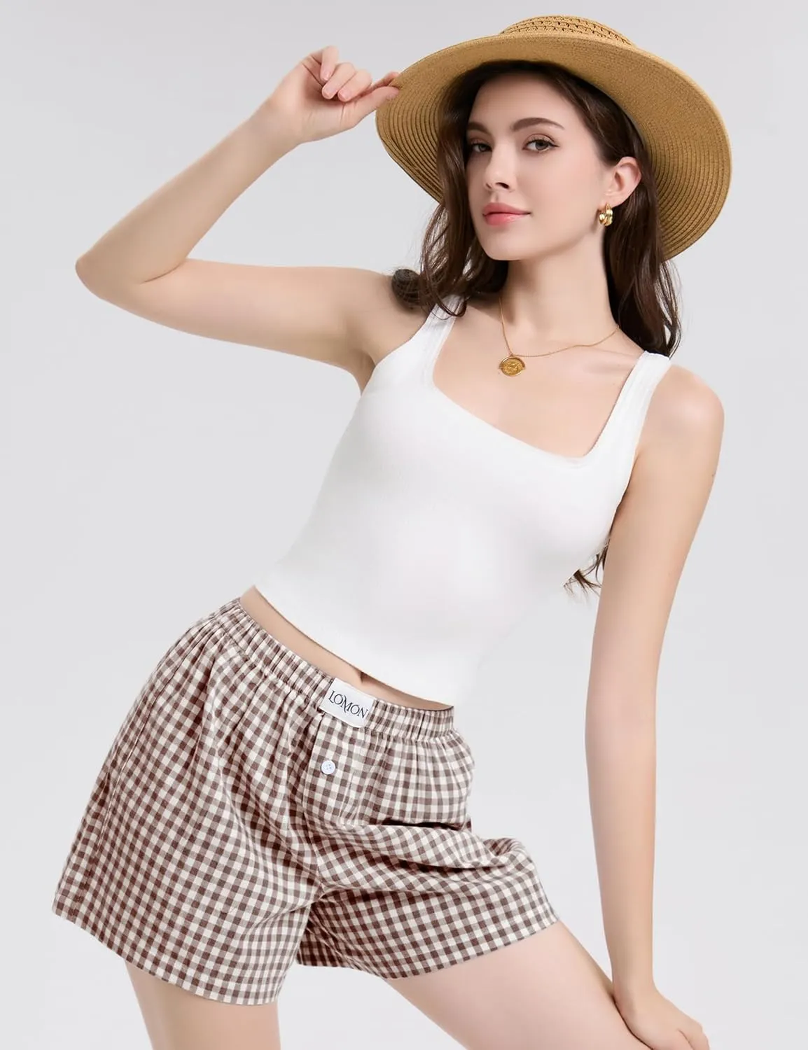 LOMON Womens Boxer Shorts Casual Summer Cotton Pajama Lounge Sleep Pj Gingham Plaid Shorts Y2K Beach Bottoms