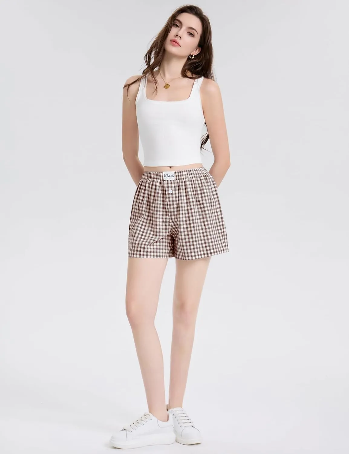 LOMON Womens Boxer Shorts Casual Summer Cotton Pajama Lounge Sleep Pj Gingham Plaid Shorts Y2K Beach Bottoms