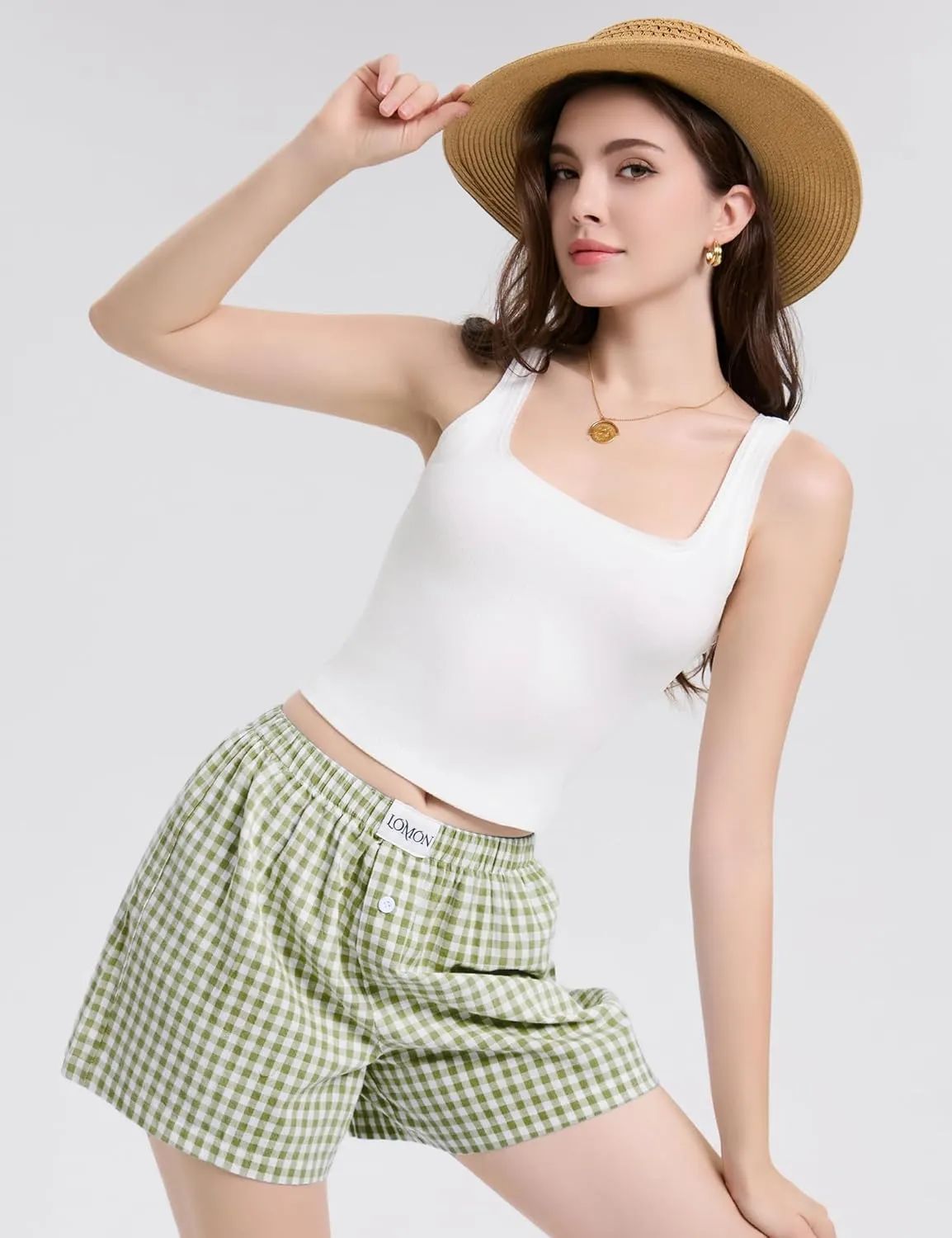 LOMON Womens Boxer Shorts Casual Summer Cotton Pajama Lounge Sleep Pj Gingham Plaid Shorts Y2K Beach Bottoms