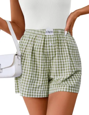 LOMON Womens Boxer Shorts Casual Summer Cotton Pajama Lounge Sleep Pj Gingham Plaid Shorts Y2K Beach Bottoms