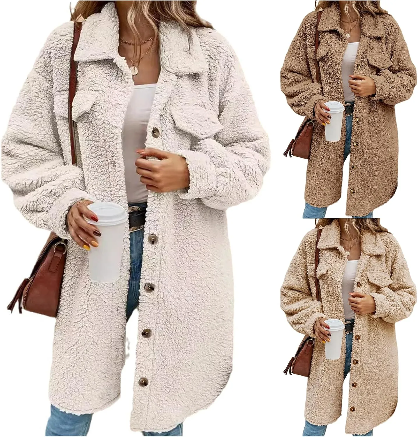 Long Fleece Jacket for Women Lapel Button Down Faux Fur Coats Long Sleeve Sherpa Jackets Winter Warm Coat