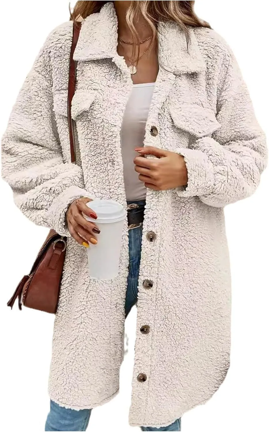 Long Fleece Jacket for Women Lapel Button Down Faux Fur Coats Long Sleeve Sherpa Jackets Winter Warm Coat