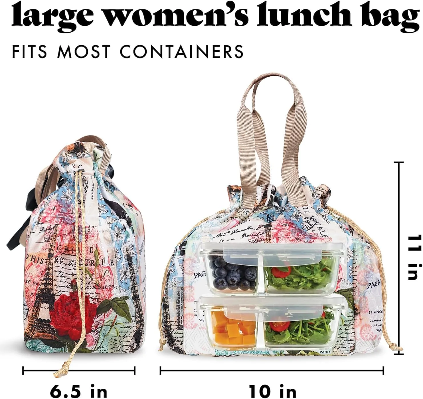 Lunch Bag for Women Insulated Womens Drawstring Lunch Bag for Work, Stain-Resistant Large Lunch Box for Women with Containers, Cinch Closure Cromwell Reusable Office