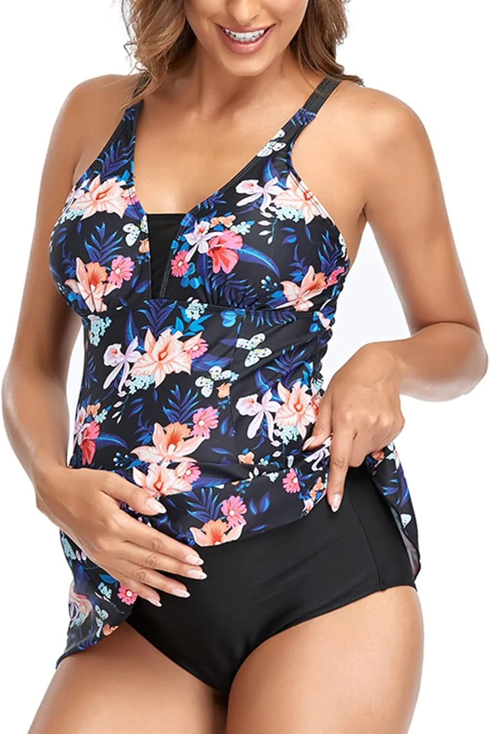 Lu's Chic Women's Maternity Swim Dress 2 Piece Long Tankini Top & Shorts Flowy Swimsuit Bathing Suit with Skirt