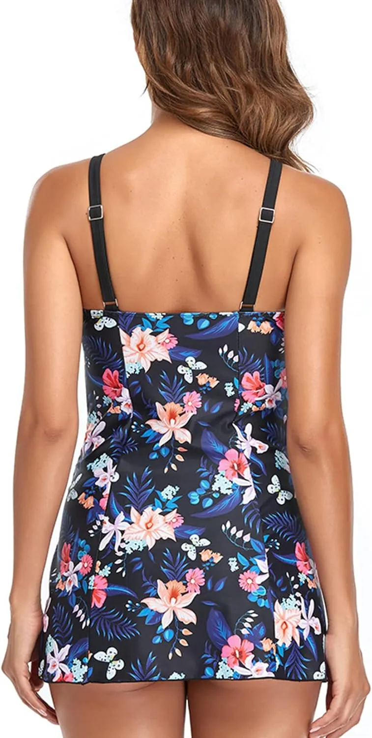 Lu's Chic Women's Maternity Swim Dress 2 Piece Long Tankini Top & Shorts Flowy Swimsuit Bathing Suit with Skirt