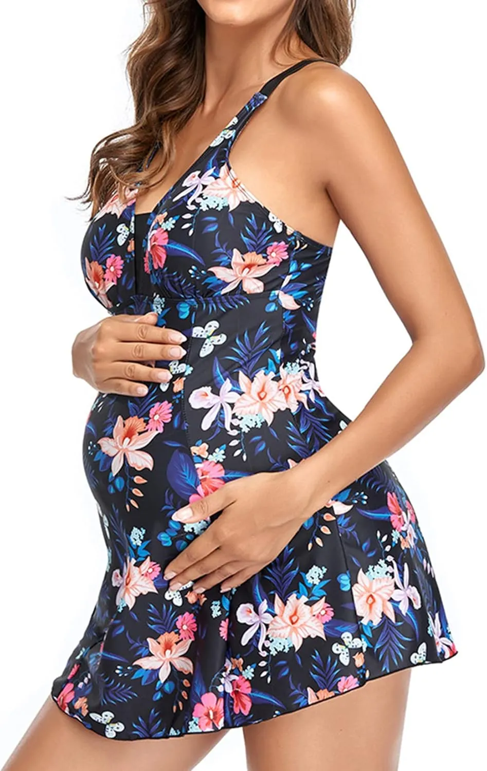 Lu's Chic Women's Maternity Swim Dress 2 Piece Long Tankini Top & Shorts Flowy Swimsuit Bathing Suit with Skirt