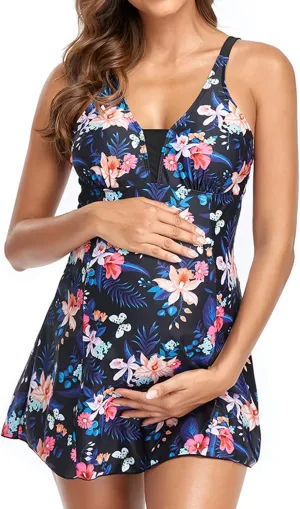 Lu's Chic Women's Maternity Swim Dress 2 Piece Long Tankini Top & Shorts Flowy Swimsuit Bathing Suit with Skirt