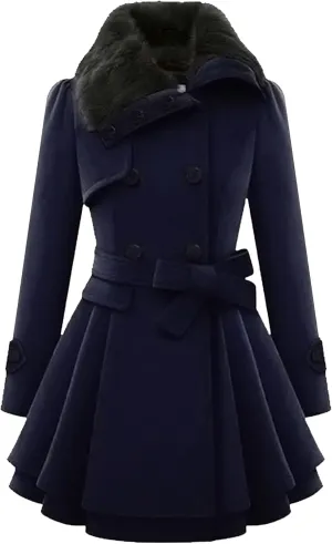 Maiyifu-GJ Womens Lapel Faux Fur Collar Wool Blend Trench Coat Vintage Double Breasted Long Jacket Casual Coat with Belt