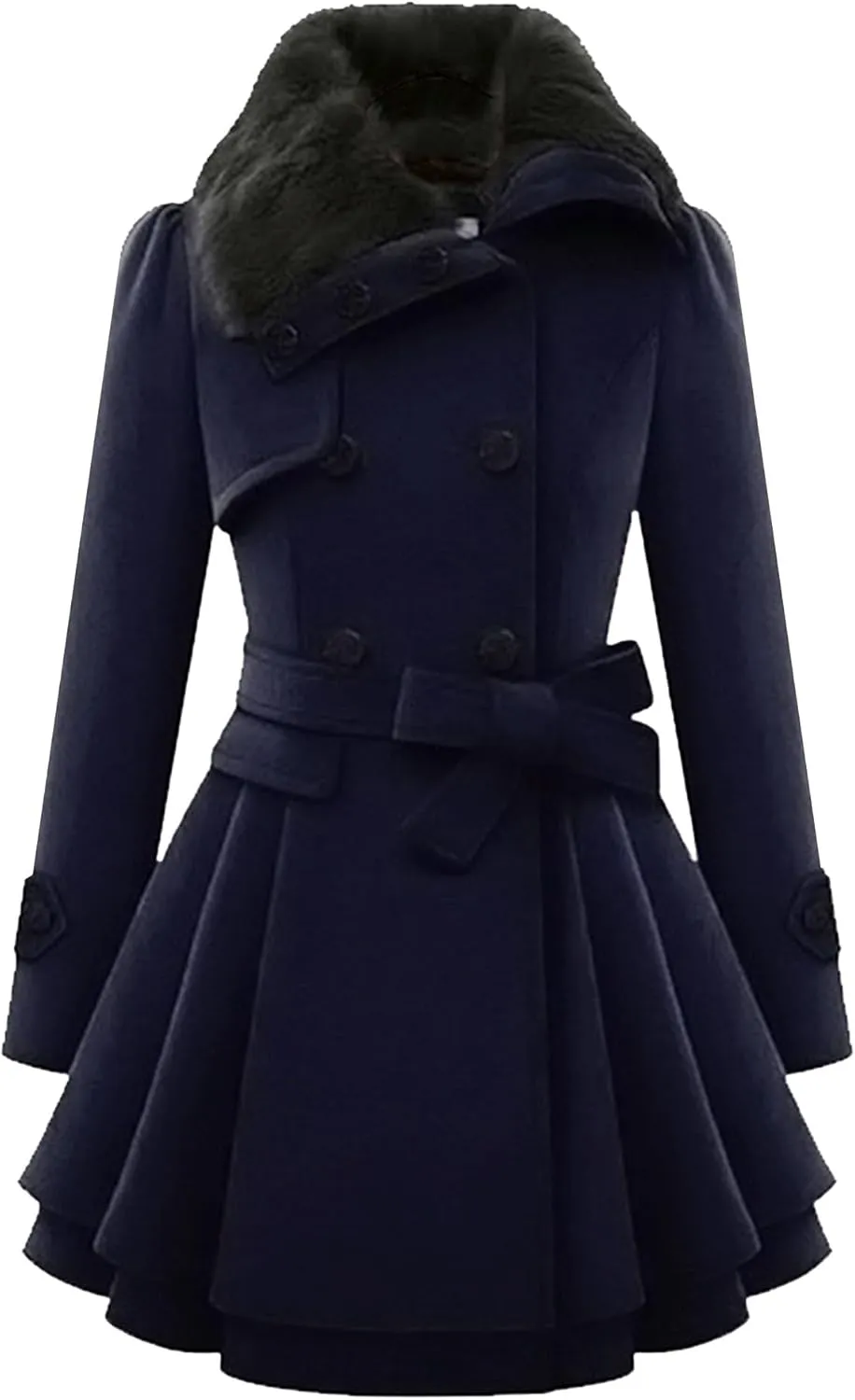 Maiyifu-GJ Womens Lapel Faux Fur Collar Wool Blend Trench Coat Vintage Double Breasted Long Jacket Casual Coat with Belt