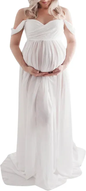 Maternity Floral Lace Dress Off Shoulder Maxi Photography Dress Fancy Pregnancy Gown for Daily Wearing Baby Shower Photoshoot