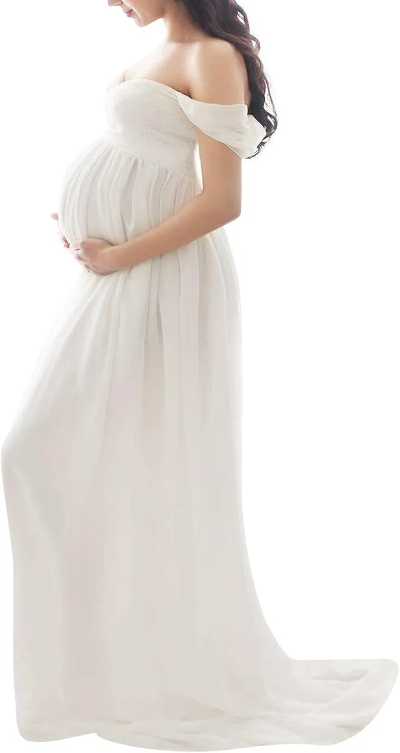 Maternity Floral Lace Dress Off Shoulder Maxi Photography Dress Fancy Pregnancy Gown for Daily Wearing Baby Shower Photoshoot