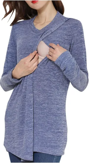 Maternity Nursing Tops for Women Long Sleeve Double Layer Pregnancy Breastfeeding Tee Shirts Casual Maternity Clothes