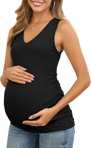 Maternity Tank Tops for Women Summer Sleeveless V Neck Ribbed Knit Slim Fitted Blouse Side Ruched Pregnancy Shirts
