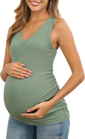 Maternity Tank Tops for Women Summer Sleeveless V Neck Ribbed Knit Slim Fitted Blouse Side Ruched Pregnancy Shirts