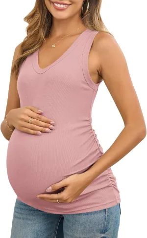 Maternity Tank Tops for Women Summer Sleeveless V Neck Ribbed Knit Slim Fitted Blouse Side Ruched Pregnancy Shirts
