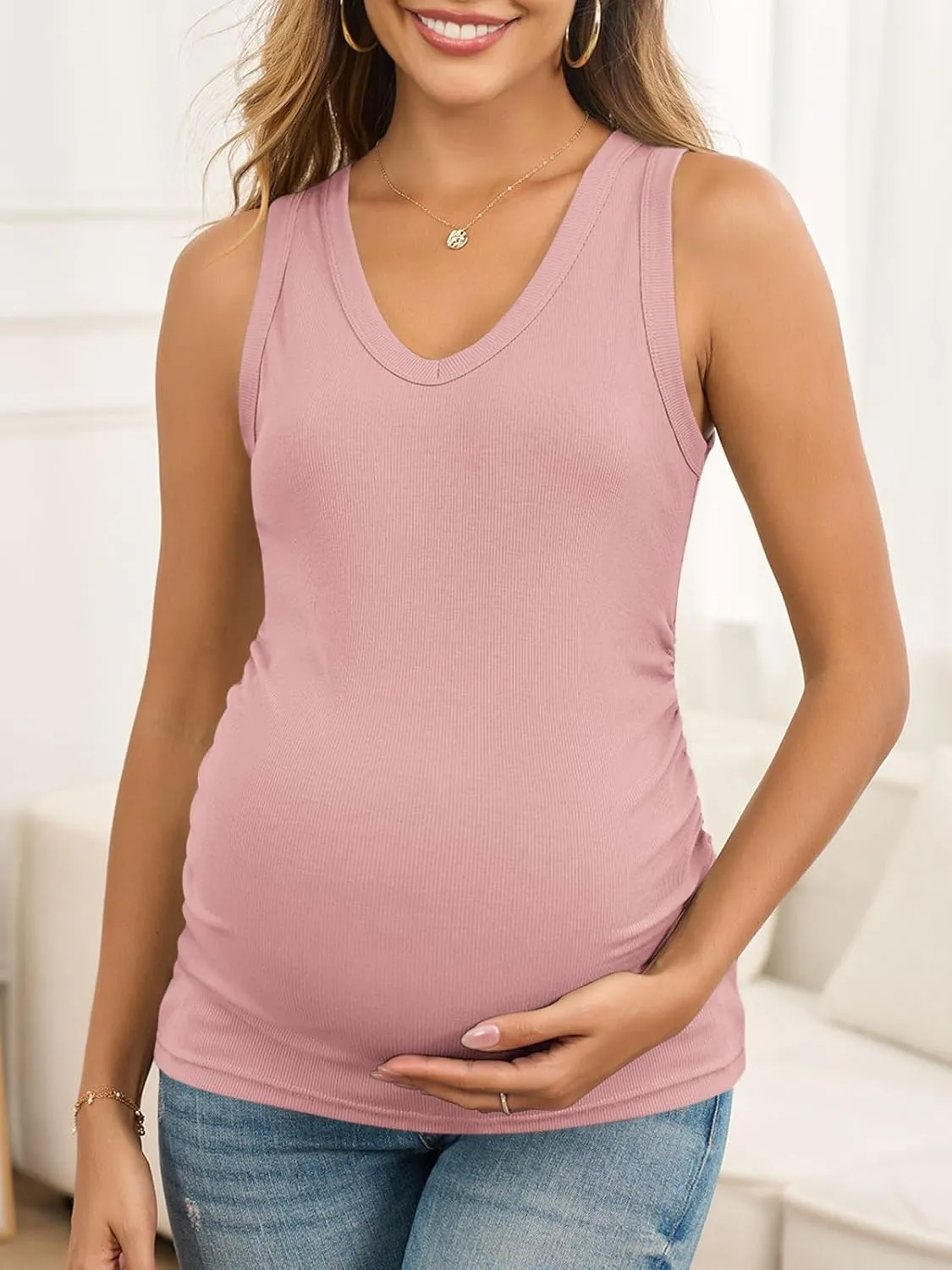 Maternity Tank Tops for Women Summer Sleeveless V Neck Ribbed Knit Slim Fitted Blouse Side Ruched Pregnancy Shirts