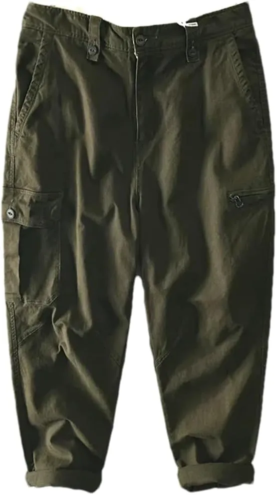 Men Cotton Cargo Pants Multi-Pocket Casual Vintage Trousers Solid Loose Drawstring Pant Coffee M
