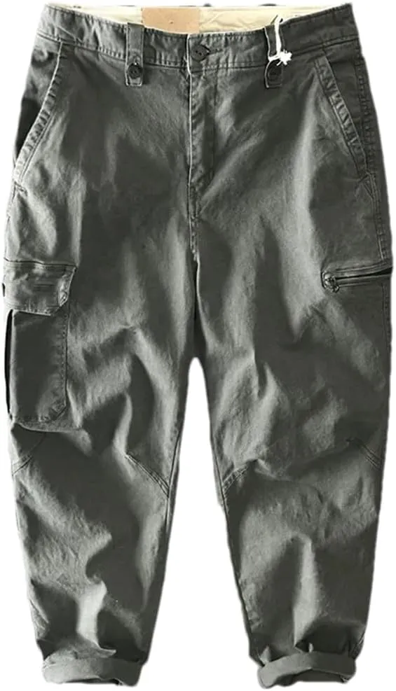 Men Cotton Cargo Pants Multi-Pocket Casual Vintage Trousers Solid Loose Drawstring Pant Gray 2XL