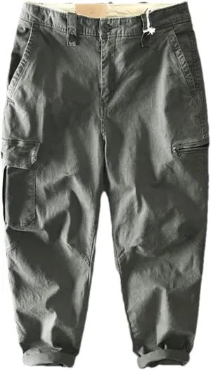 Men Cotton Cargo Pants Multi-Pocket Casual Vintage Trousers Solid Loose Drawstring Pant Gray 2XL