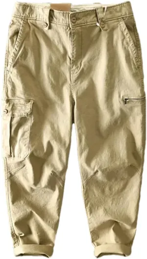 Men Cotton Cargo Pants Multi-Pocket Casual Vintage Trousers Solid Loose Drawstring Pant Khaki 2XL