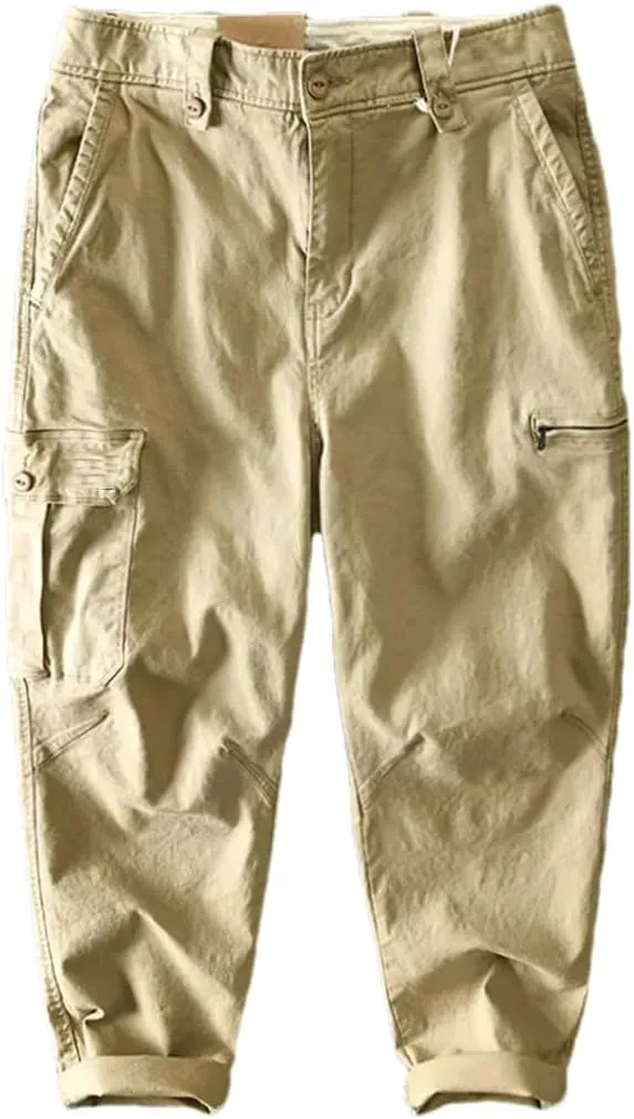 Men Cotton Cargo Pants Multi-Pocket Casual Vintage Trousers Solid Loose Drawstring Pant Khaki 2XL