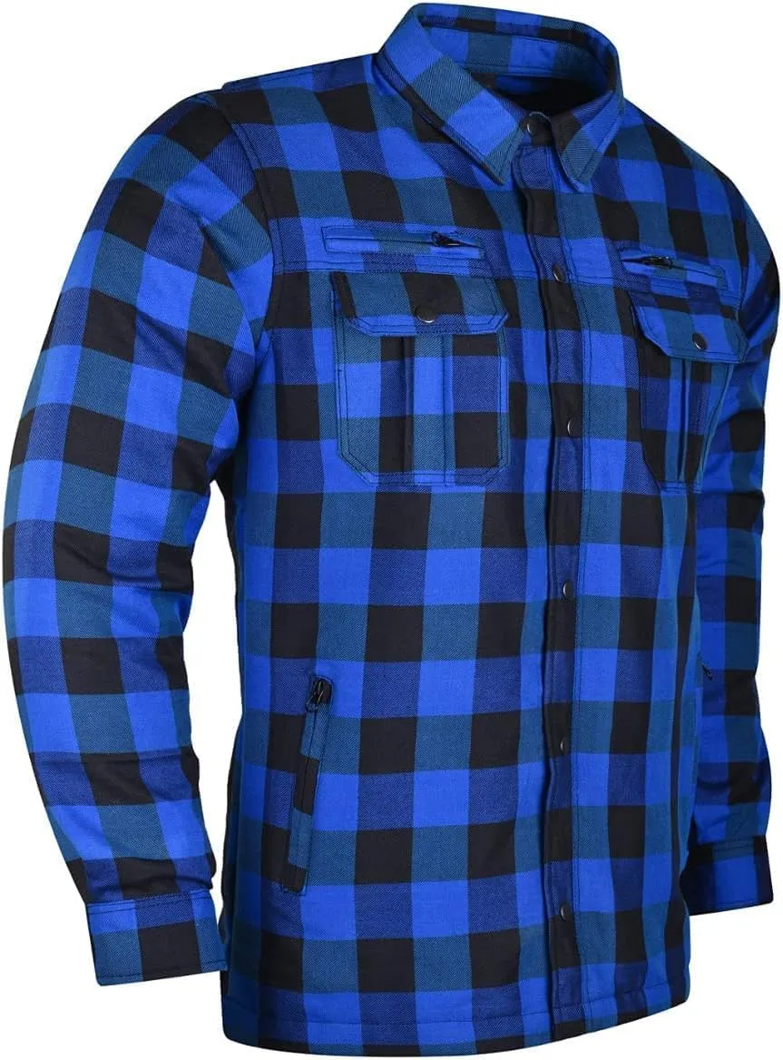 Men's Armored Checkered Flannel Biker Shirt, Multiple Waterproof Storage Pockets, CE Level 2 Armor Reinforced Water Resistant