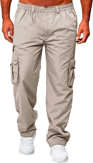 Mens Cargo Pants, Elastic Waistband Multi Pockets, Solid Color Hiking Tactical Pants, Cotton Cargo Work Pants for Men