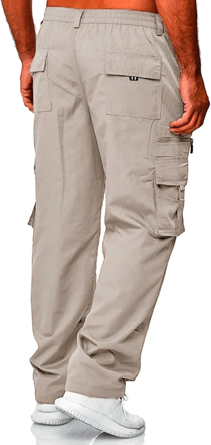 Mens Cargo Pants, Elastic Waistband Multi Pockets, Solid Color Hiking Tactical Pants, Cotton Cargo Work Pants for Men