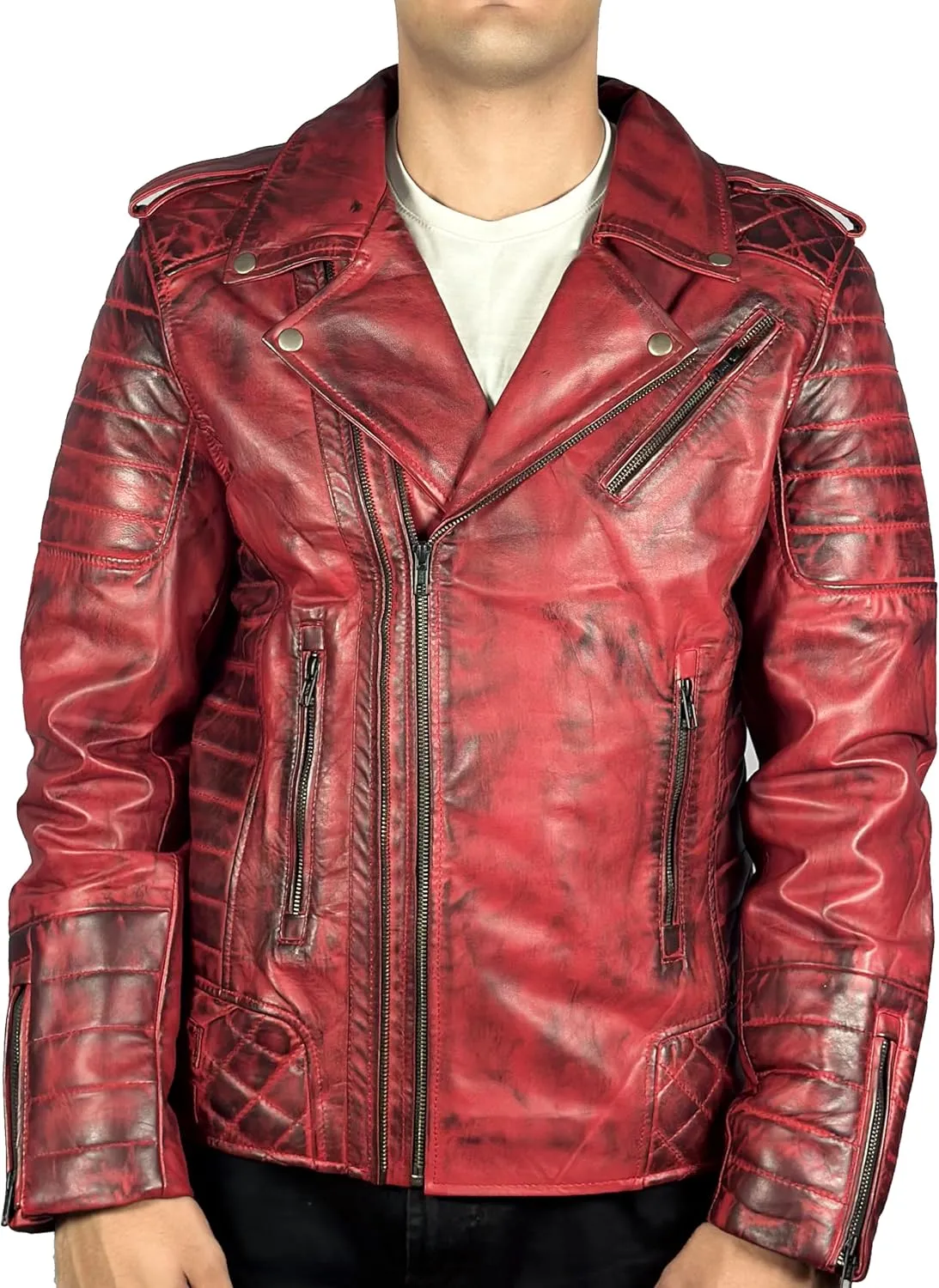 Men's Classic Red MJ11 Diamond Quilted Motorcycle Vintage Biker Style Moto Riding & Racing Leather Jacket