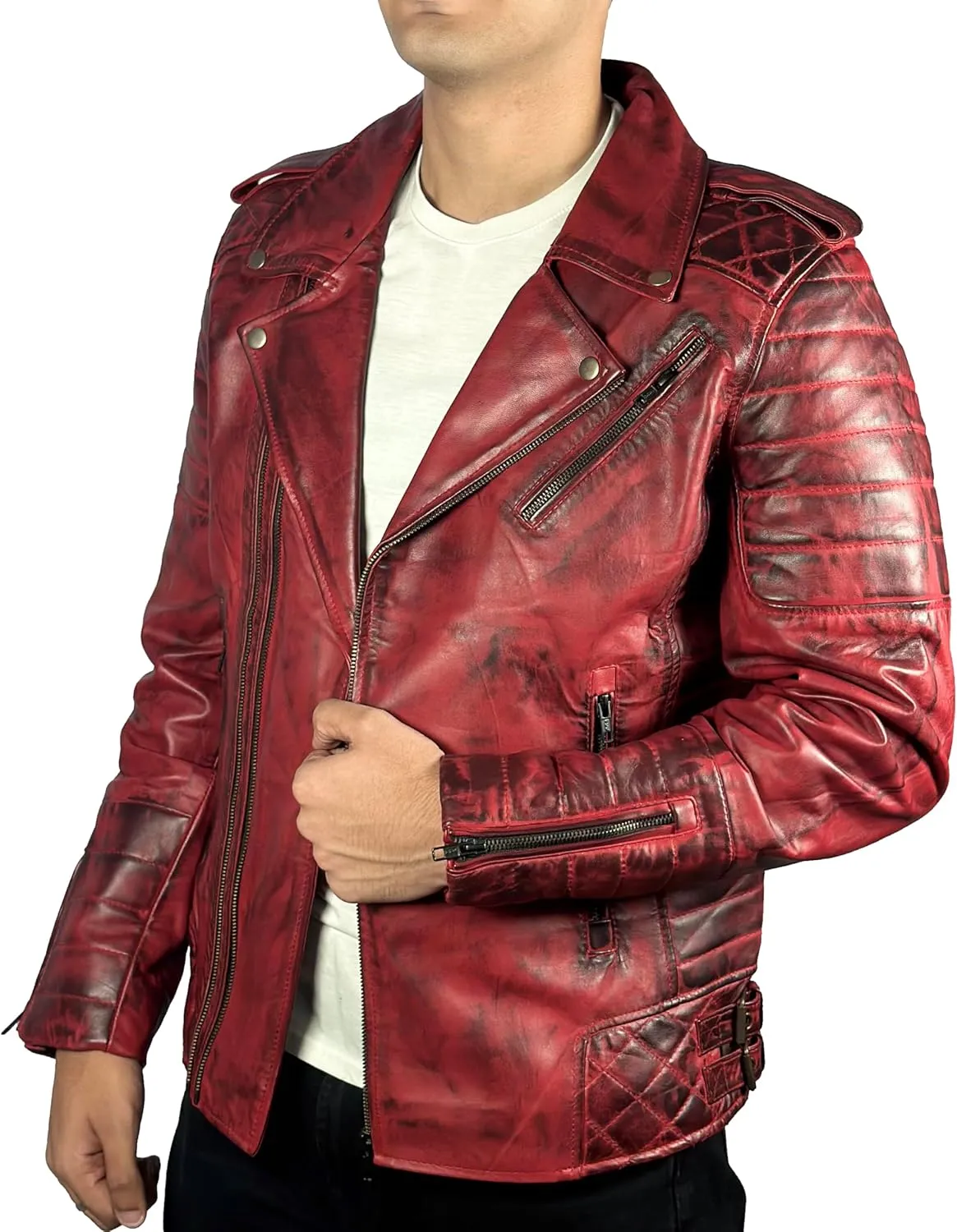 Men's Classic Red MJ11 Diamond Quilted Motorcycle Vintage Biker Style Moto Riding & Racing Leather Jacket