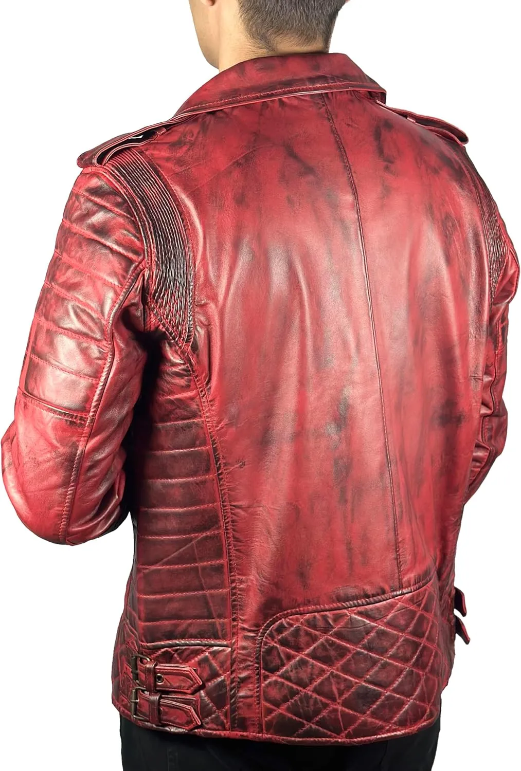 Men's Classic Red MJ11 Diamond Quilted Motorcycle Vintage Biker Style Moto Riding & Racing Leather Jacket