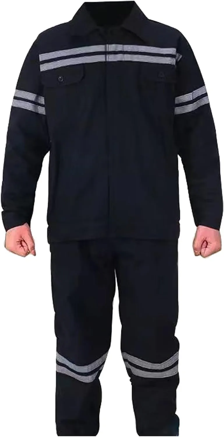 Men's Cotton Workwear Set Reflective Welding Jacket with Long Sleeves Slanted Pocket Pants Enhanced Chest Pockets