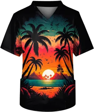 Men's Medical Scrub Top Plus Size Short Sleeve V-Ncek Hawaii Printed Working Nurse Doctor Unifroms with Pocket