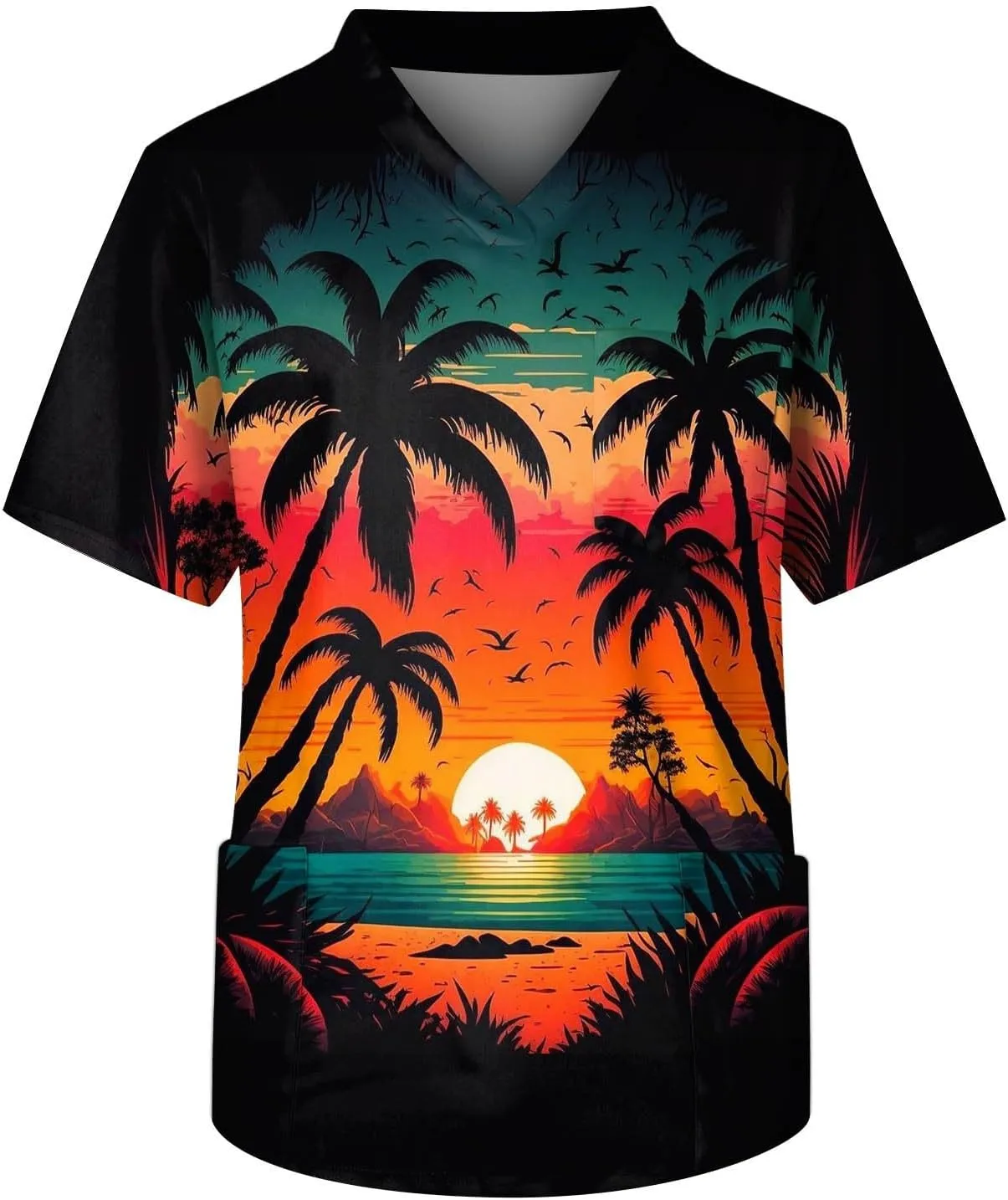 Men's Medical Scrub Top Plus Size Short Sleeve V-Ncek Hawaii Printed Working Nurse Doctor Unifroms with Pocket