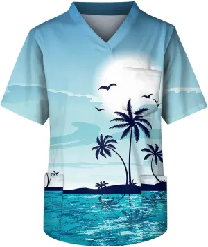 Men's Medical Scrub Top Plus Size Short Sleeve V-Ncek Hawaii Printed Working Nurse Doctor Unifroms with Pocket