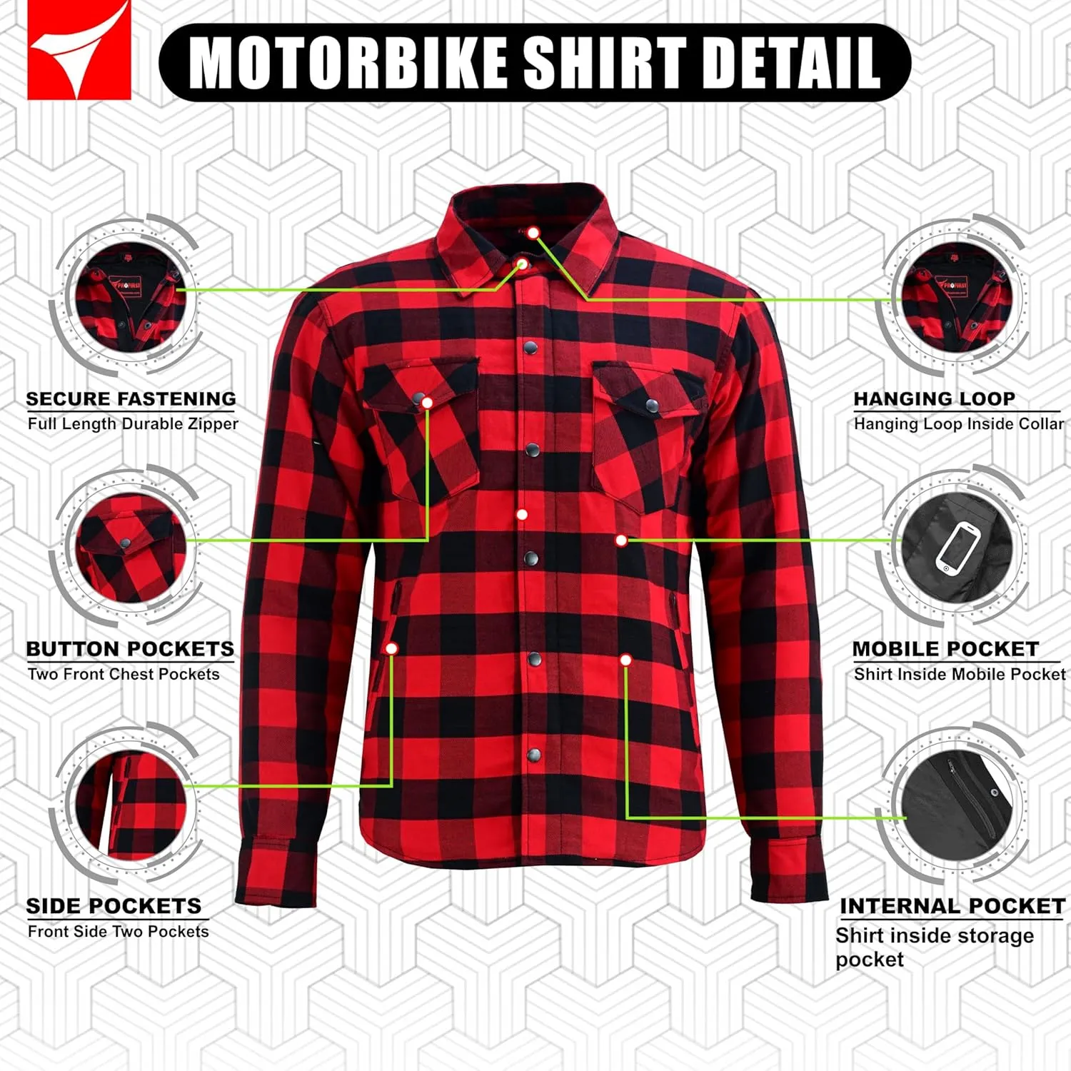 Men's Motorcycle Riding Flannel Shirt, Concealed Carry Jacket,CE Approved with Level 1 Protection Kevlar on Protected Areas