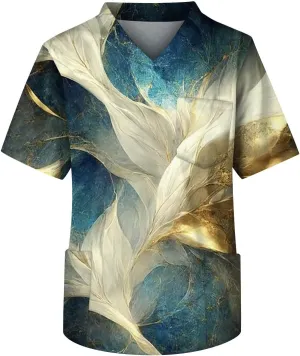 Mens Scrub Tops Short Sleeve V Neck Working Doctor Unifroms Gradient Printed Carer Scrubs with Pockets