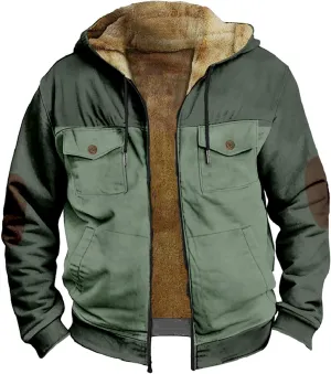 Mens Western Fleece Lined Jacket Cowboy Bull Head Print Hooded Full Zip Winter Coats Thicken Warm Jackets with Pocket