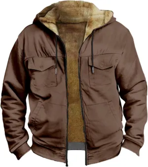 Mens Western Fleece Lined Jacket Cowboy Bull Head Print Hooded Full Zip Winter Coats Thicken Warm Jackets with Pocket