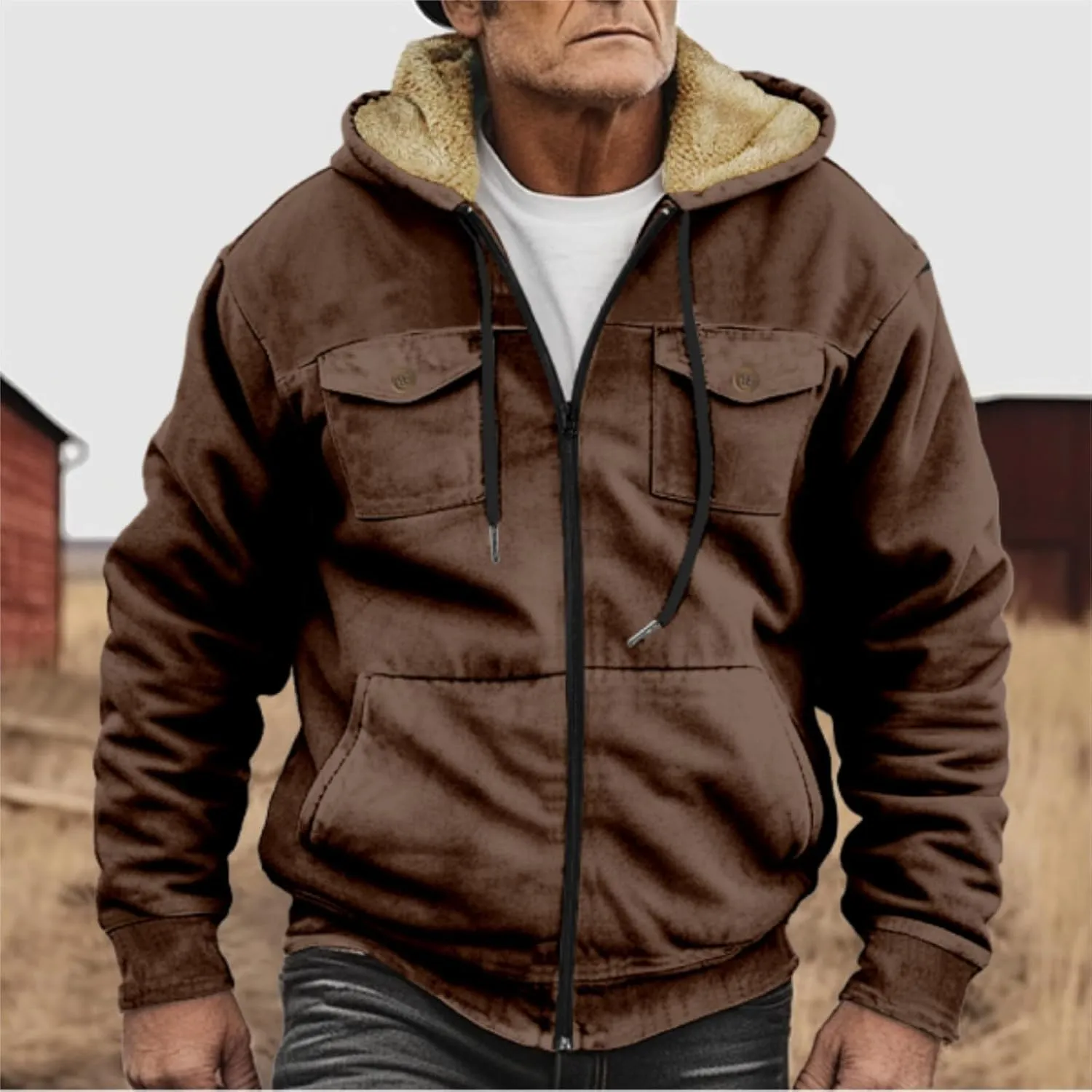 Mens Western Fleece Lined Jacket Cowboy Bull Head Print Hooded Full Zip Winter Coats Thicken Warm Jackets with Pocket