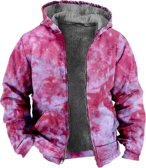 Men'S Winter Coats Tie-Dye Print Zipper Hooded Warm Windbreaker Jackets Oversized Heavy Hoodie