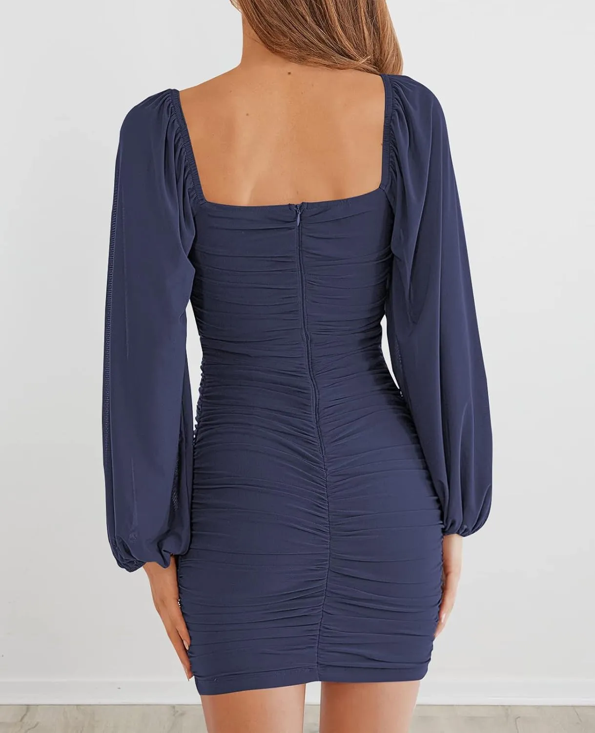 MEROKEETY Women Square Neck Lantern Long Sleeve Mesh Ruched Bodycon Clubwear Mini Dress