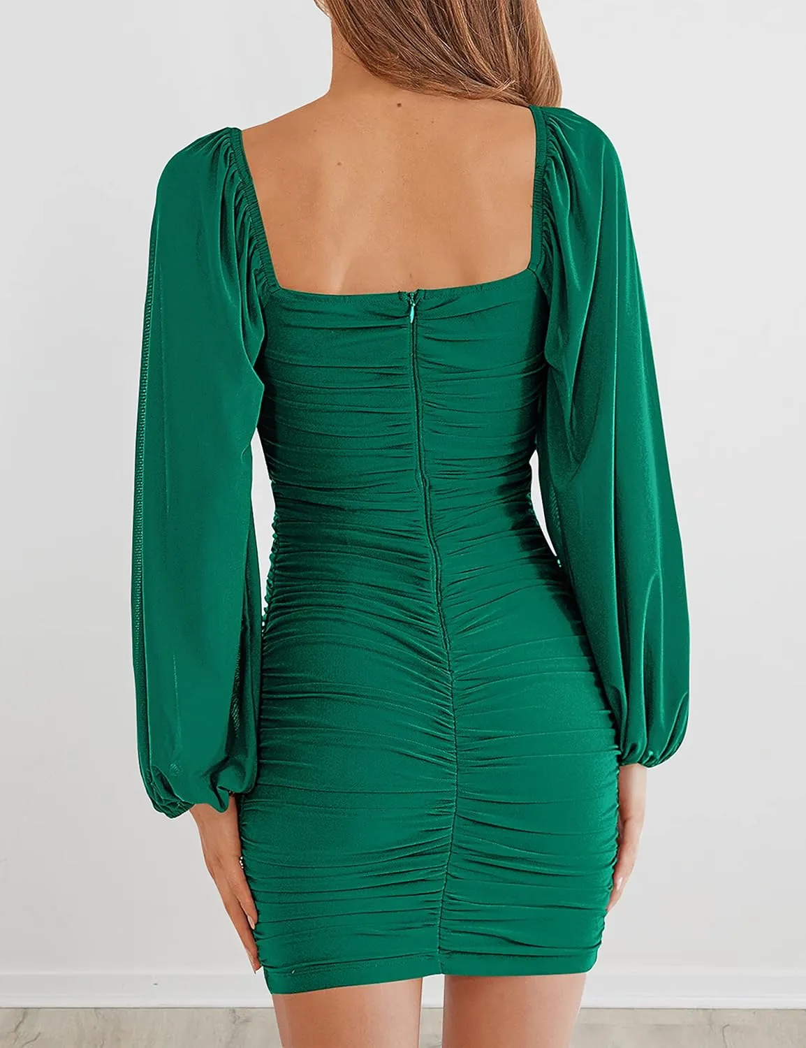 MEROKEETY Women Square Neck Lantern Long Sleeve Mesh Ruched Bodycon Clubwear Mini Dress