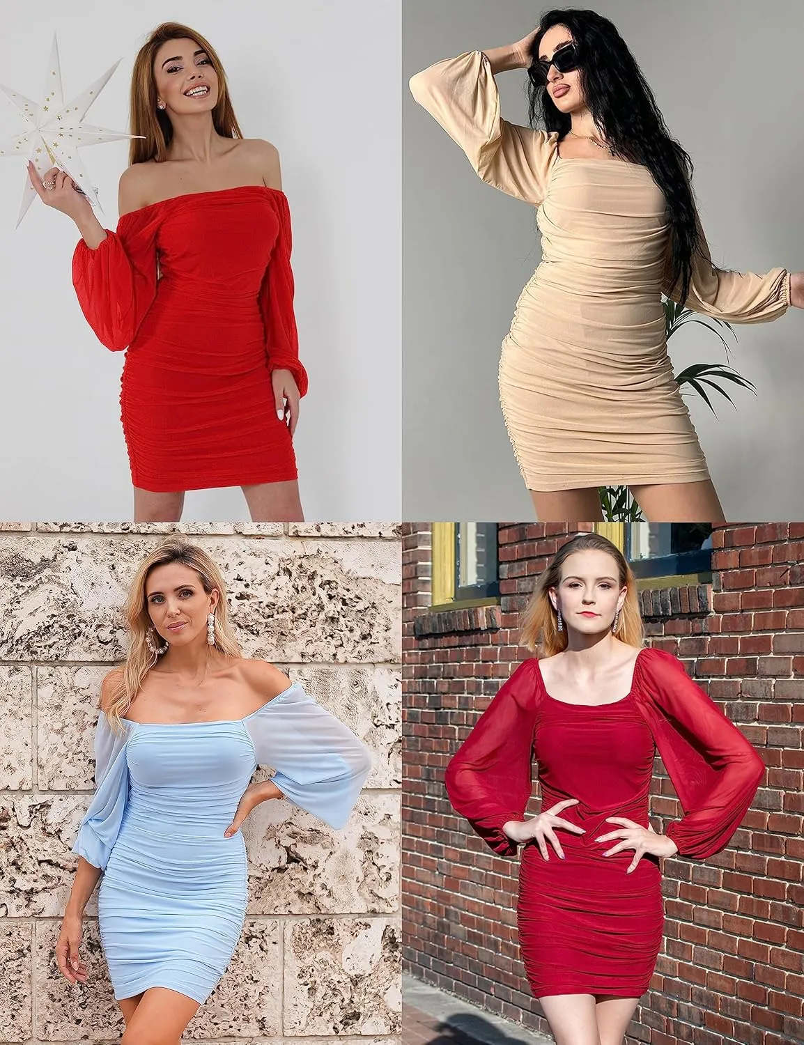 MEROKEETY Women Square Neck Lantern Long Sleeve Mesh Ruched Bodycon Clubwear Mini Dress