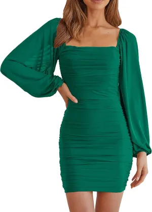 MEROKEETY Women Square Neck Lantern Long Sleeve Mesh Ruched Bodycon Clubwear Mini Dress