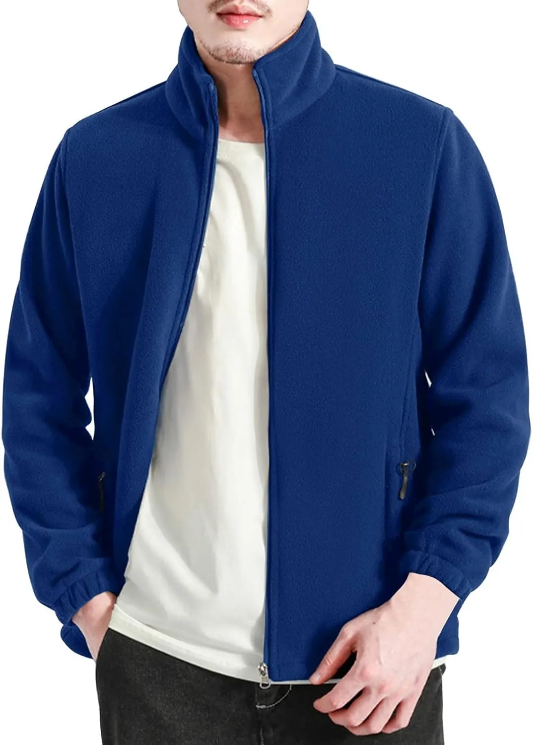 MIDOO Fleece Jacket Mens Full Zip Casual Collar Warm Cardigan Coat Jacket Solid Color Zipper Soft Top Coats for Men Winter