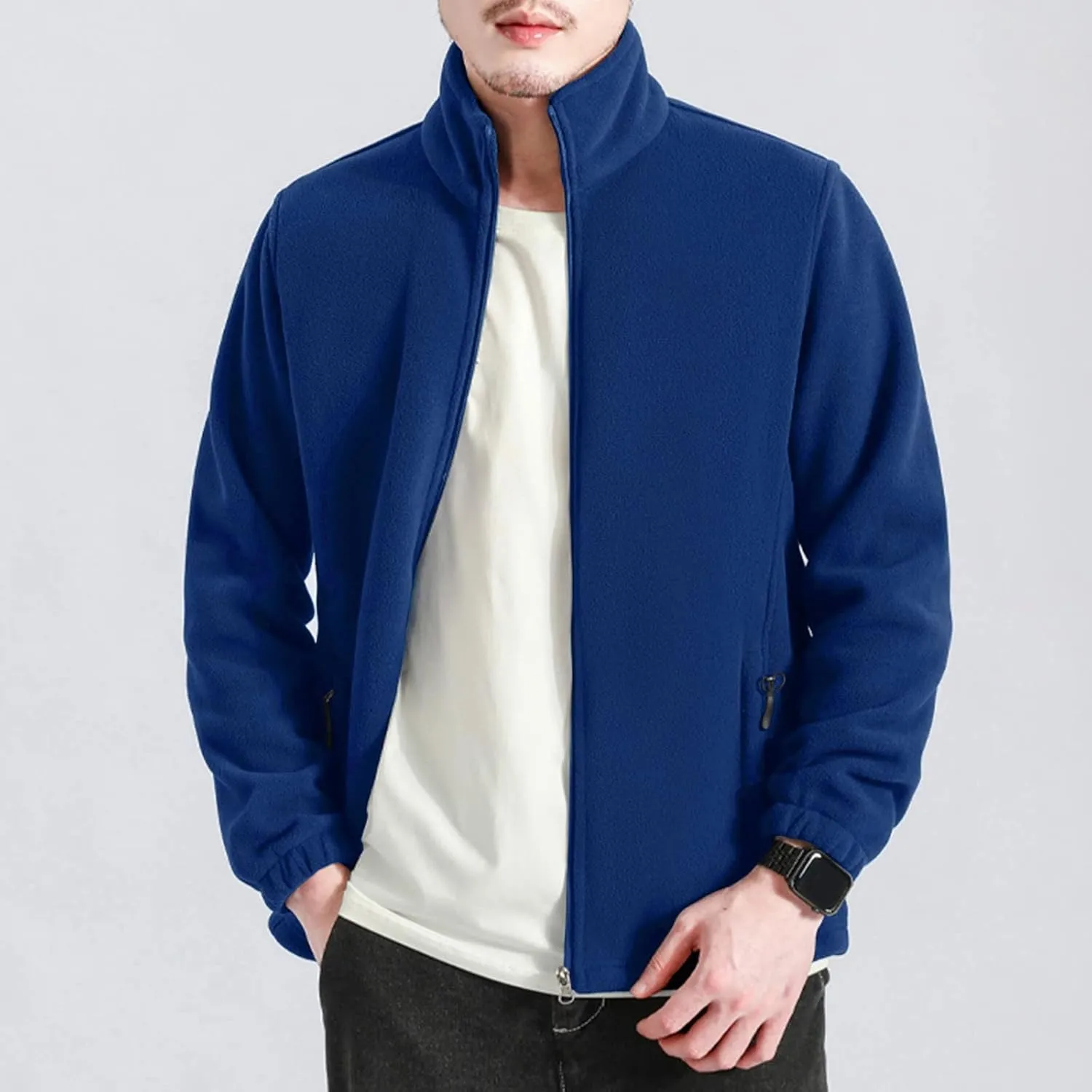 MIDOO Fleece Jacket Mens Full Zip Casual Collar Warm Cardigan Coat Jacket Solid Color Zipper Soft Top Coats for Men Winter