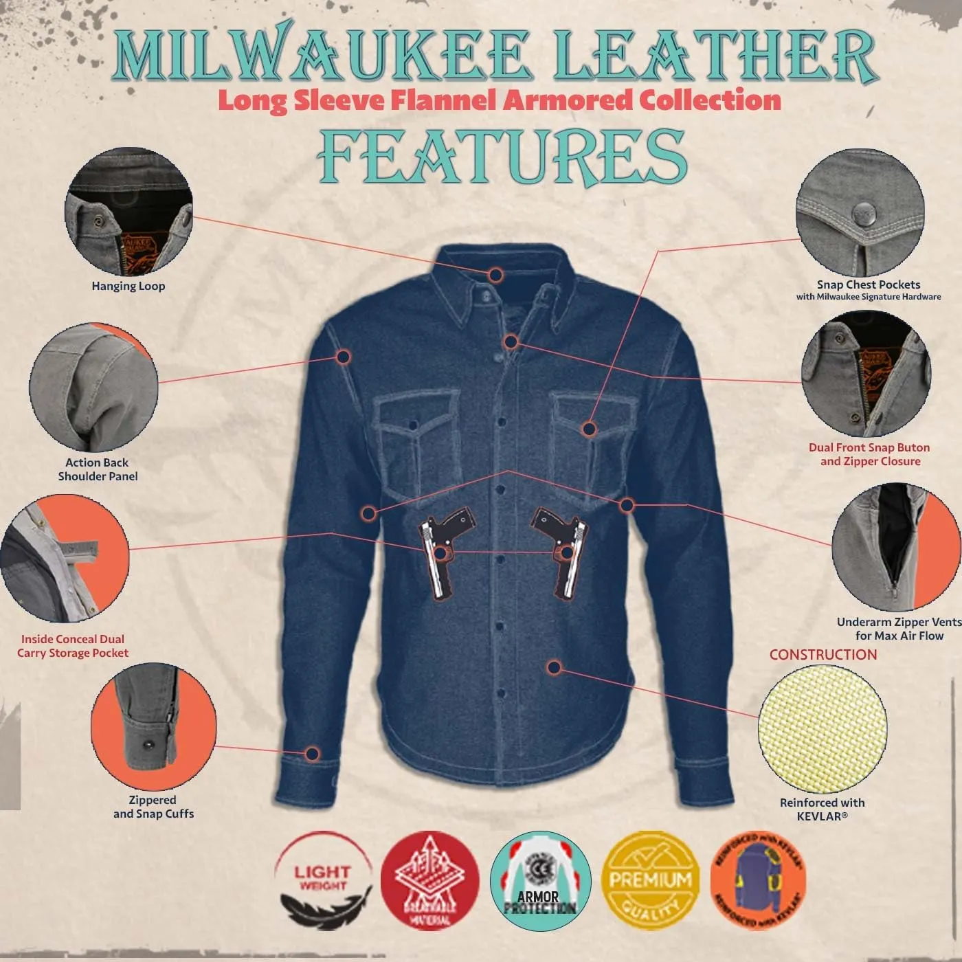 Milwaukee Leather Men's Plaid Flannel Biker Shirt Shirts w/CE Armor - Reinforced w/Aramid Fibers - XX-Large