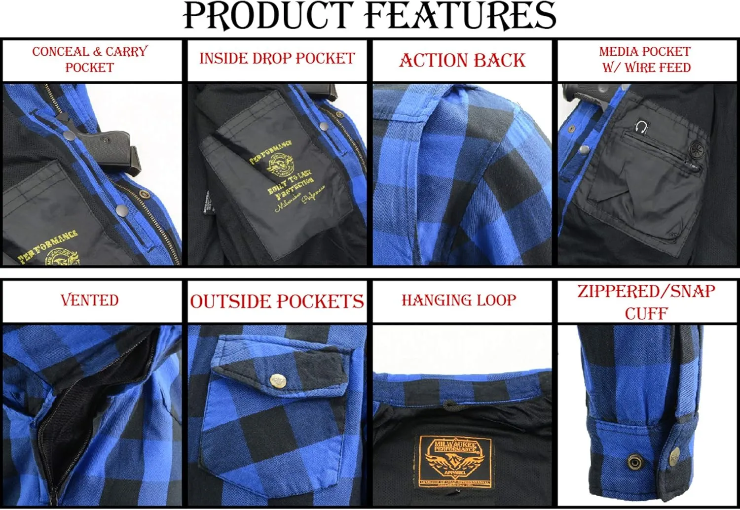 Milwaukee Leather Men's Plaid Flannel Biker Shirt with CE Approved Armor - Reinforced w/Protective Fibers